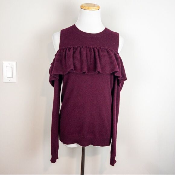 Aqua Womens Cashmere Burgundy Cold Shoulder Ruffle Sweater Size Small Knit - Picture 3 of 10